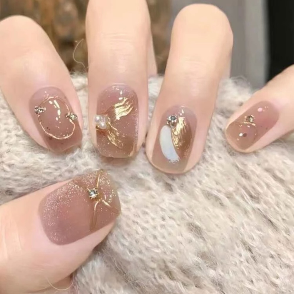 24pcs Short Square Bronzing Glitter Rhinestone Press-on Nails